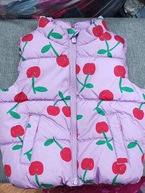 Old Navy Pink Puffer Vest with Red Cherry Print